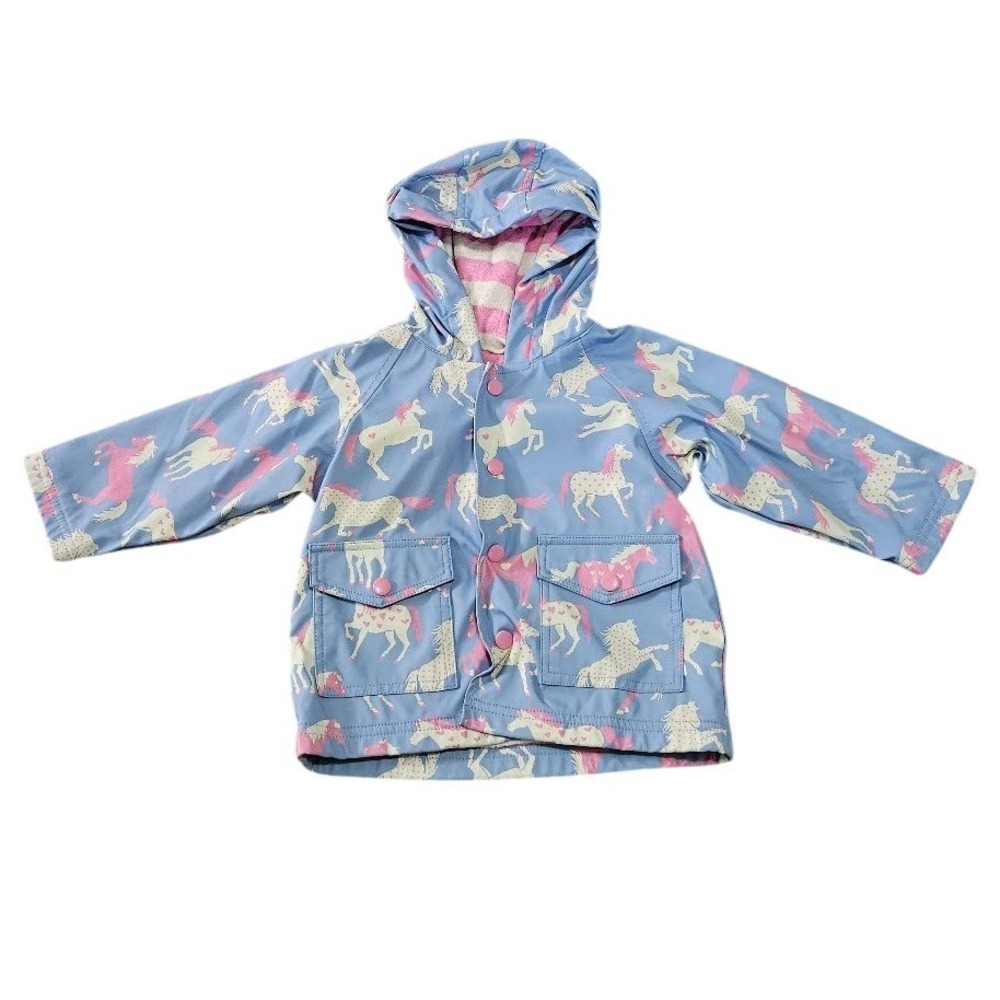Hatley Baby Girl Blue Horse Print Hooded Raincoat Pink Terry Lined 6-12 Month